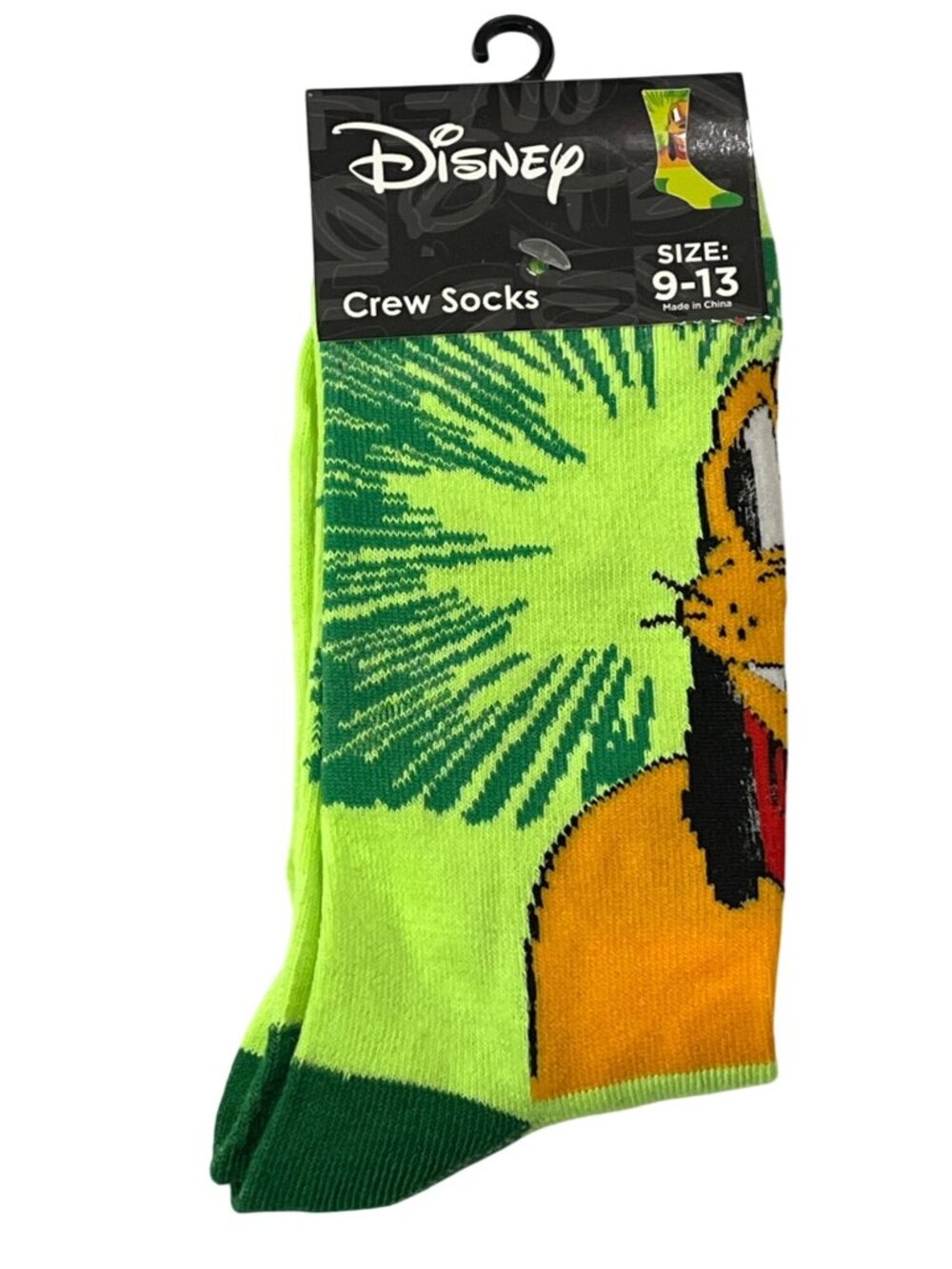 Disney Pluto Crew Socks Men's Size 6-12 Green Yellow Character Novelty NWT